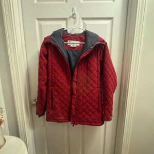Columbia Red Quilted Hooded Puffer Jacket with Gray Lining